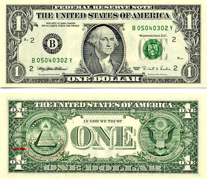 On the back of the dollar bill, on the Great Seal of the U. S., 