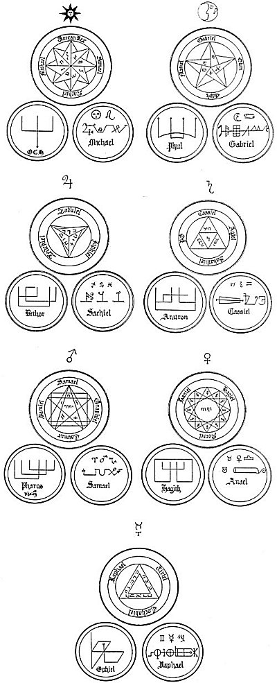 THE PENTACLES OF THE SEVEN PLANETS AND THE SEALS AND CHARACTERS OF THE PLANETARY ANGELS.