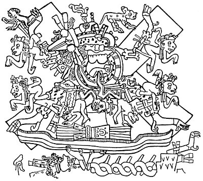 THE CRUCIFIXION OF QUETZALCOATL.<br> (From the Codex Borgianus.) 